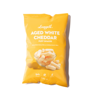 Yellow bag packaged shot of Longo's Cheese Puffs